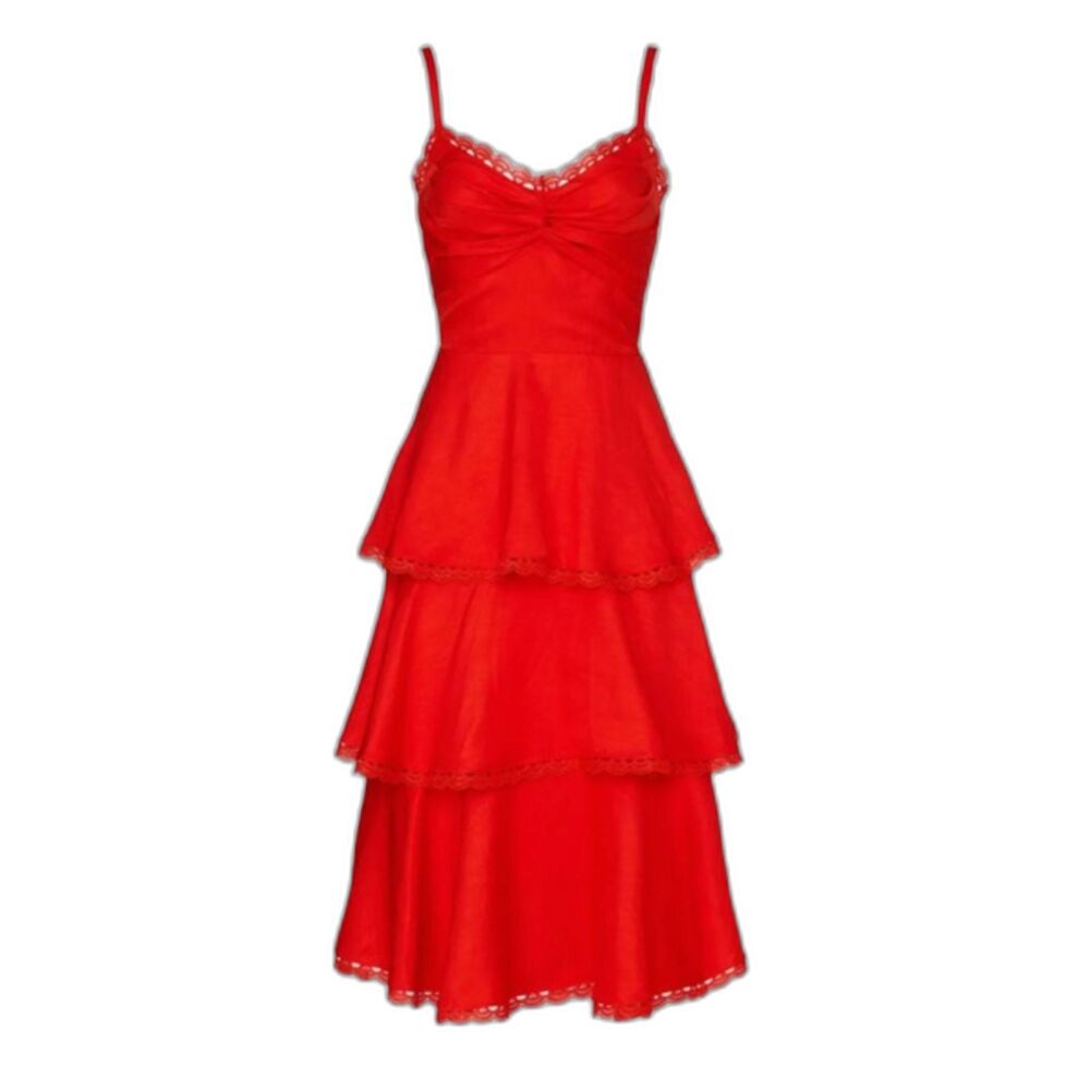 Marchesa Notte Red Tiered Lace Eyelet Trim Midi Dress Size 4